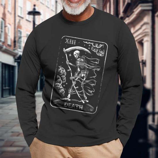 Death Tarot Card W Reaper Skeleton Reading Profound Change Long Sleeve T-Shirt | Mazezy Death Tarot Card W Reaper Skeleton Reading Profound Change Long Sleeve T-Shirt | Mazezy