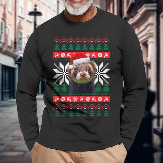 Ferret Ugly Christmas Sweater Style Santa Hat Animal Long Sleeve T Shirt Monsterry