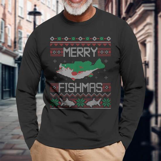 Merry Fishmas Fishing Dad Fish Angler Ugly Christmas Sweater Long