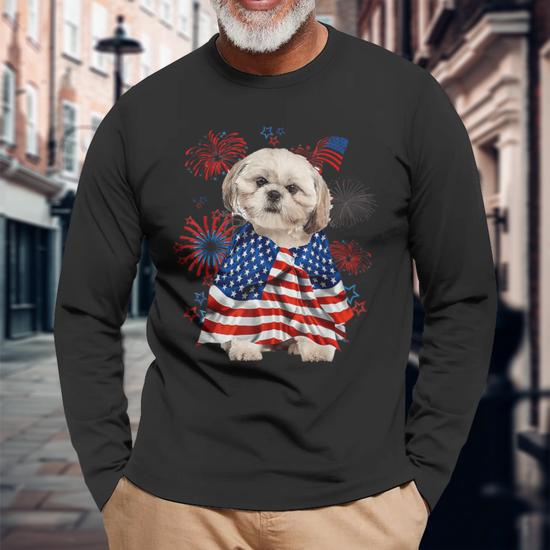 Shih Tzu Dog American Usa Flag 4Th Of July Dog Lover Owner Long Sleeve T Shirt T Shirt Mazezy