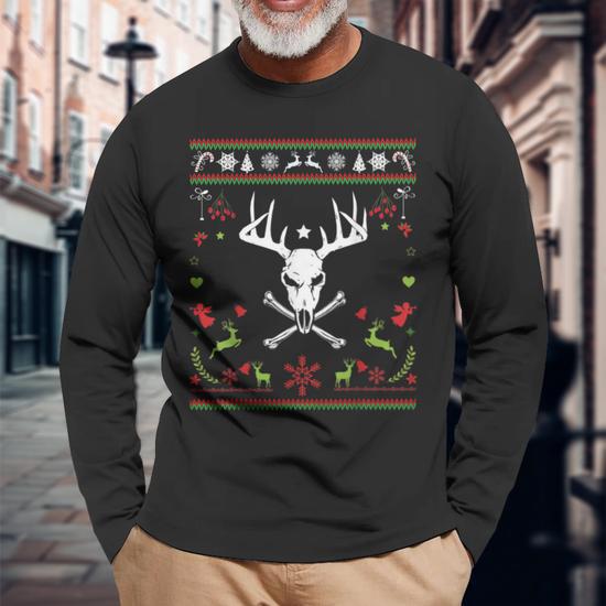 Ugly Christmas Sweater Pirate Deer Hunter Long Sleeve T Shirt Monsterry