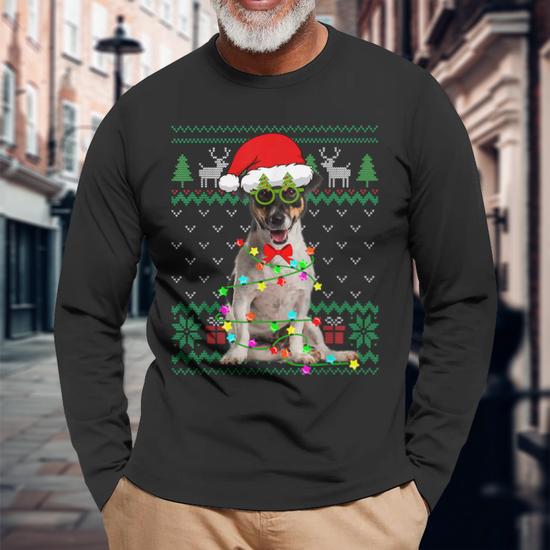 Ugly Sweater Christmas Lights Jack Russell Terrier Dog Puppy Long Sleeve T Shirt Monsterry UK