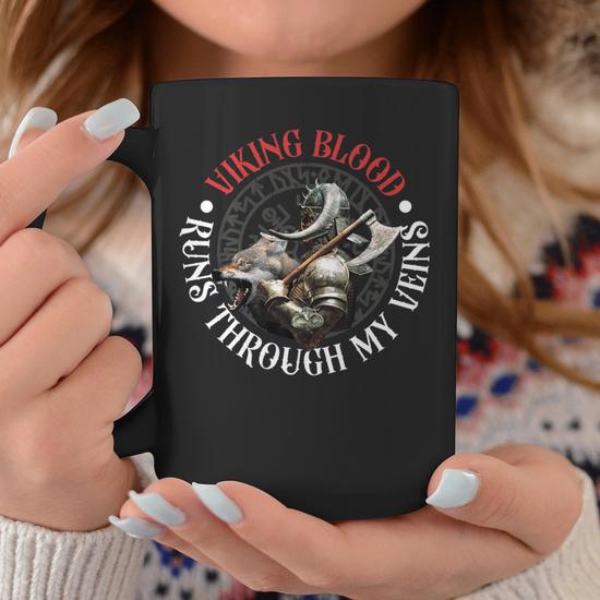 Viking Blood Runs Through My Veins Coffee Mug – White Ceramic, 10cm, Viking Themed Gift