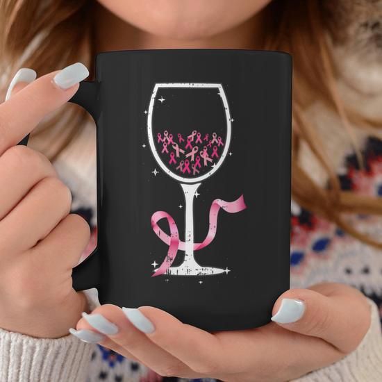 Wine Glass Pink Ribbon Cool Breast Cancer Awareness Coffee Mug - Seseable
