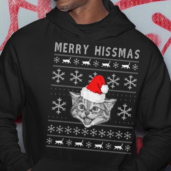 Merry Hissmas Ugly Christmas Cat Wearing Santa Hat Hoodie Monsterry UK