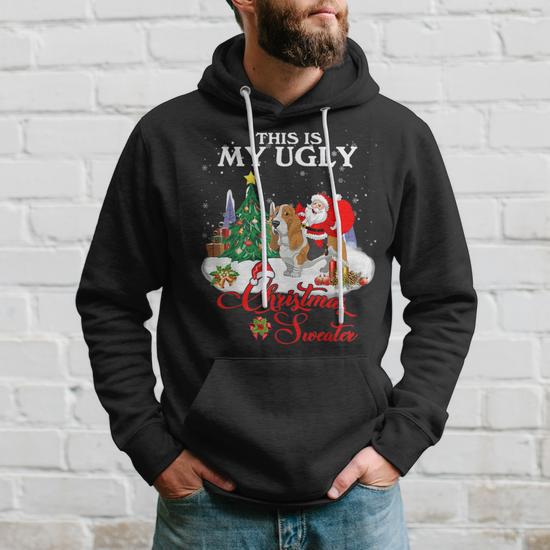 Santa Riding Basset Hound This Is My Ugly Christmas Sweater Hoodie Monsterry