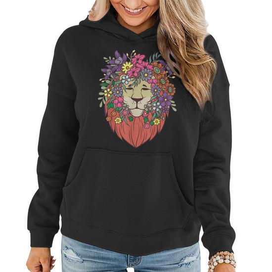Indie Style Lion Flowers Cute Hipster Outfit Women's Oversized Comfort  T-shirt Back Print