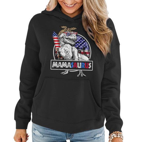 Mamasaurus T-Rex Dinosaur Mama Saurus USA Flag 4th of July Gifts for Mama Funny Gifts Women Hoodie