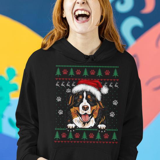 Ugly Sweater Christmas Bernese Mountain Dog Santa Hat Women Hoodie Mazezy