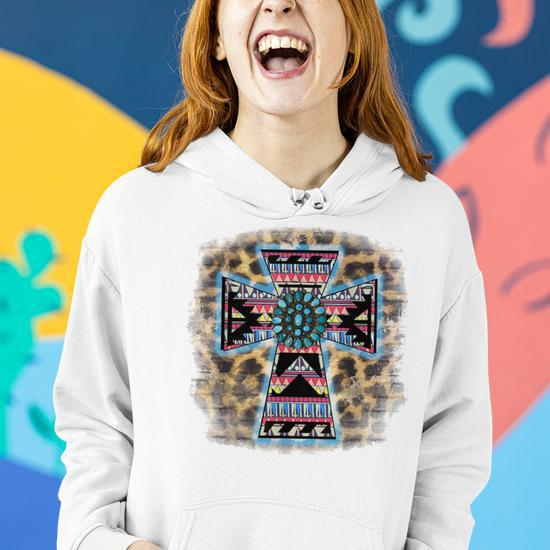 Leopard Turquoise Aztec Faith Cross Cowgirl Boho Rodeo Girl Faith Funny Gifts  Women Hoodie