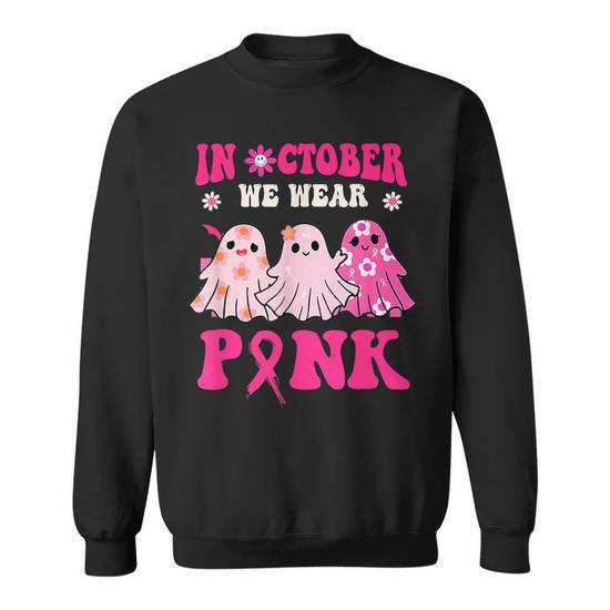 Cute Ghost Wednesday We Wear Pink Halloween Breast Cancer Sweatshirt Mazezy UK