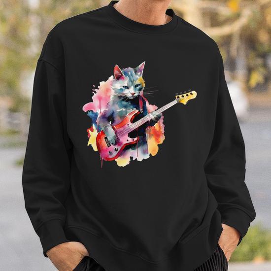 Cat Playing Bass Guitar Watercolor Graphic Design Sweatshirt Seseable UK