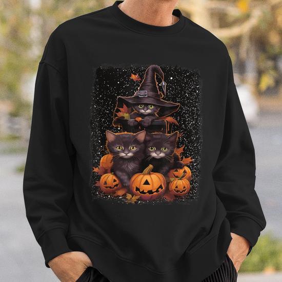 Cute Kittens And Spooky Pumpkins Halloween Witches Black Cat Sweatshirt Monsterry