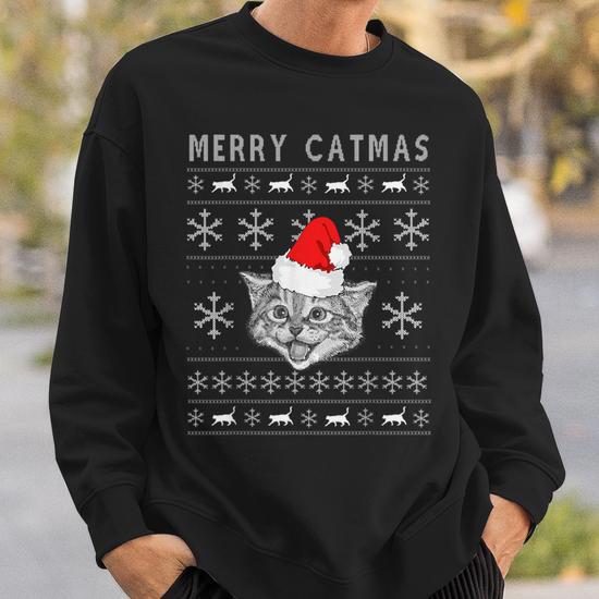 Merry Catmas Kitten Cat Ugly Christmas Sweater Santa Hat Sweatshirt Monsterry