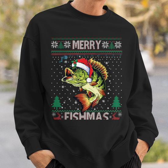 Merry Fishmas Bass Fish Fishing Christmas Ugly Sweater Xmas