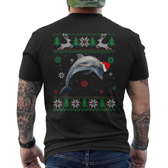 Ugly Sweater Christmas Dolphin Lover Santa Hat Animals Men s T shirt Back Print Mazezy