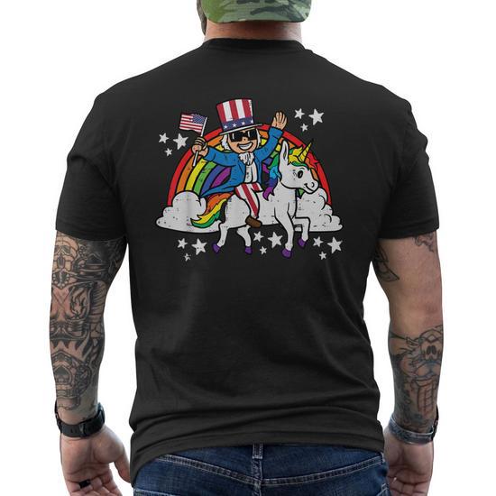 Uncle Sam on Unicorn Rainbow 4th of July Patriot Girls Kids Men's Back T-Shirt