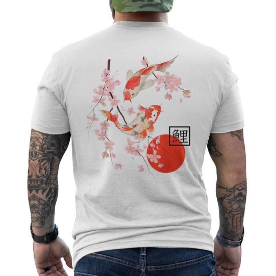 Japanese Men's T-shirt Cotton Blend Short Sleeve Koi Fish Print Casual Tee  Top