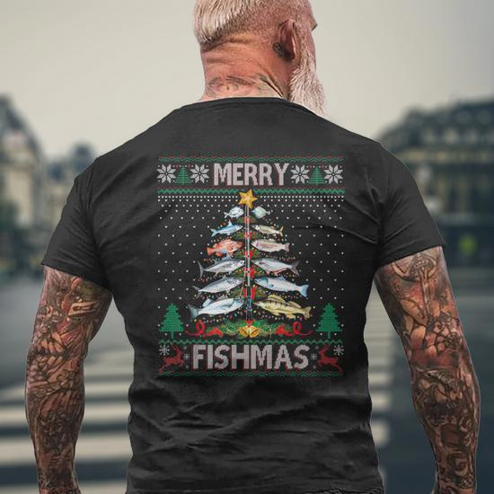 Merry Fishmas Ugly Sweater Fish Fishing Rod Christmas Tree Men's T-shirt  Back Print