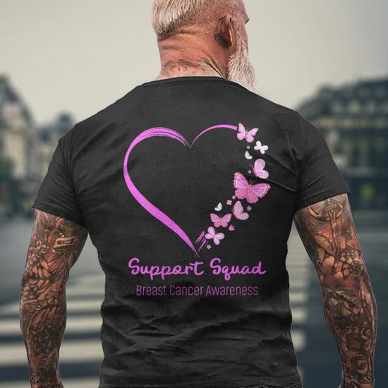 Support Squad Breast Cancer Awareness Pink Heart Butterfly Men\'s T-shirt  Back Print - Monsterry