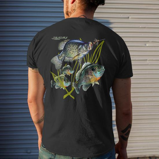 Black Fly Crappie Bluegill Fishing Panfish Flies Jig Mens Back Print T-shirt