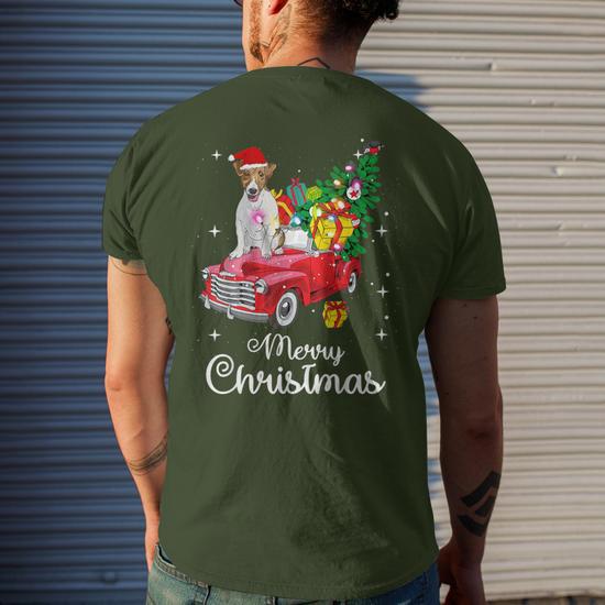 Jack Russell Terrier Ride Red Truck Christmas Pajama Men s T shirt Back Print Mazezy