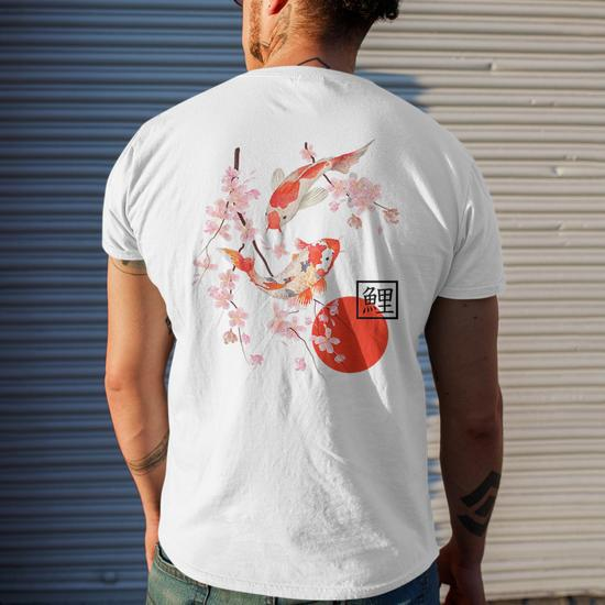Cherry Blossom Japanese Koi Carp Fish Sakura Graphic Men's Crewneck Short  Sleeve Back Print T-shirt