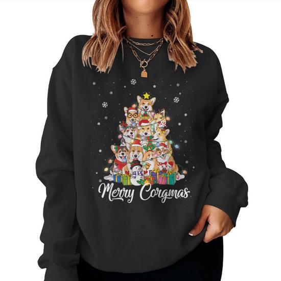 Corgimas Dog Christmas Corgi Santa Hats Xmas Tree Lights Women Sweatshirt Mazezy