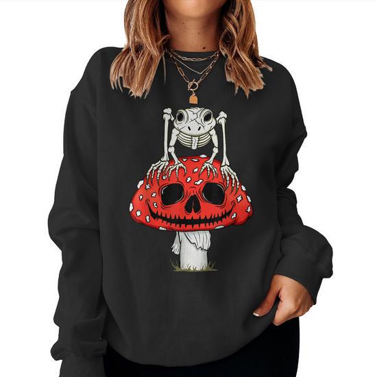 Cottagecore Skeleton Frog Skull Mushroom Goth Halloween Halloween Women  Sweatshirt