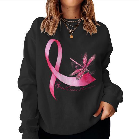 Hippie Dragonfly Pink Ribbon Breast Cancer Awareness Women Sweatshirt Mazezy UK