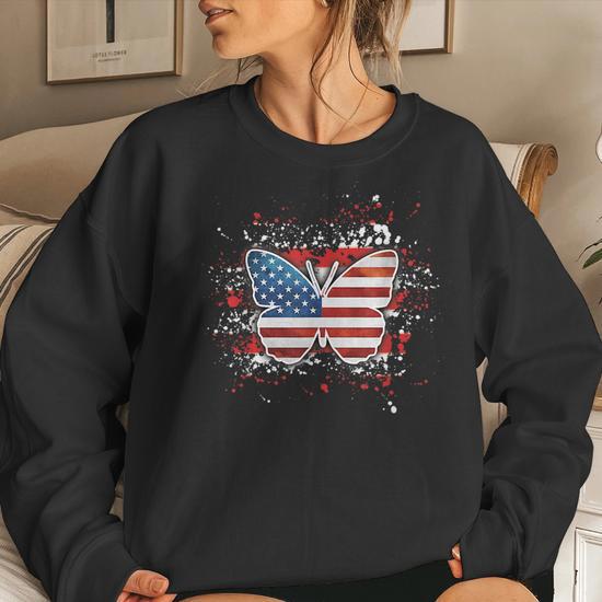 Butterfly Usa Flag Cute 4Th Of July American Girl Women Sweatshirt Mazezy