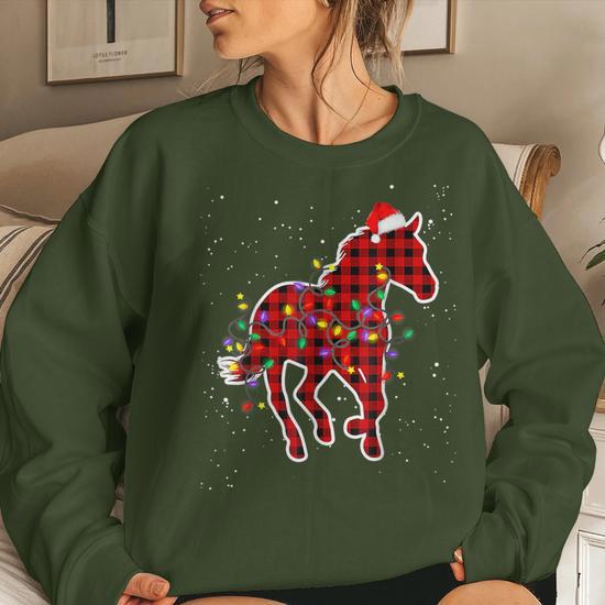 Red Buffalo Plaid Horse Christmas Pajamas Xmas Lights Family Women