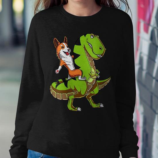 Corgi Dog Riding T Rex Dinosaur Women Sweatshirt Mazezy