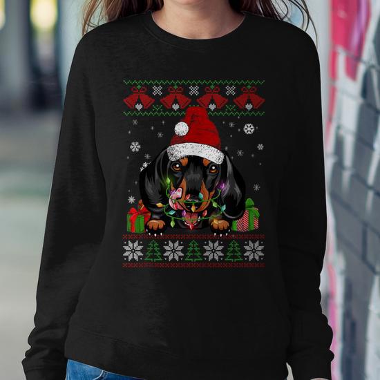 Dog Lovers Dachshund Santa Hat Ugly Christmas Sweater Women Sweatshirt Monsterry