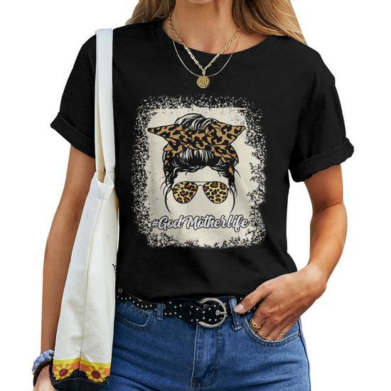 Godmother Bleached Messy Bun Leopard God Mom Announcement T-Shirt