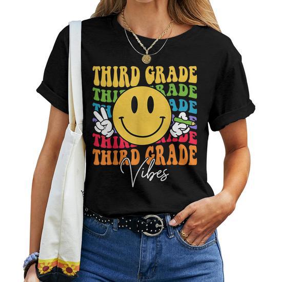 Groovy Retro Third Grade Vibes Face Teachers Back-to-School T-Shirt