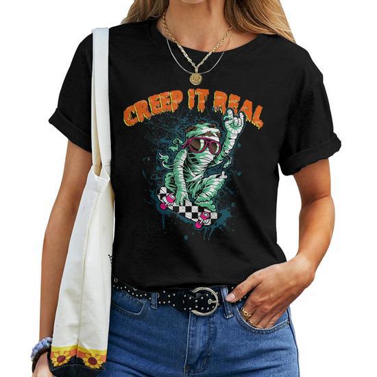 Retro Halloween Creep It Real Vintage Mummy Skate Halloween Mummy Funny Gifts Women T-Shirt