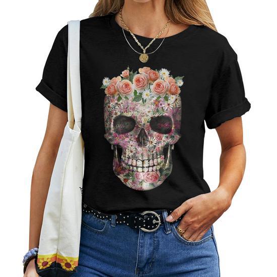 Ladies Skull Shirt Sugar Skull with Roses Tee T-Shirt