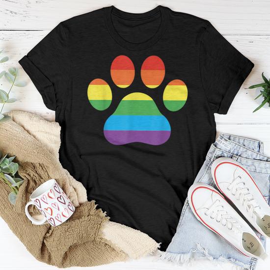 Dog Paw Print Lgbtq Rainbow Flag Gay Pride Ally Dog Lover Women T shirt Seseable UK