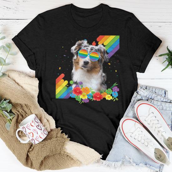 Proud Lgbt Gay Australian Shepherd Dog Pride Flag Rainbow Women T shirt Crewneck Mazezy