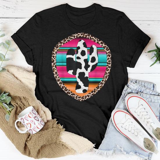 Western Leopard Serape Cow Print Cactus Cowgirl Women T-shirt