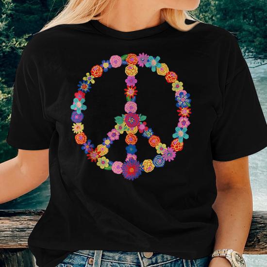 Peace Lover Floral 60S 70S Hippie Costume Colorful Flowers Women T-shirt