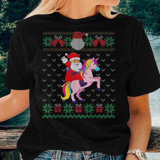 Santa Riding Unicorn Ugly Christmas Sweater Women Girls Women T shirt Mazezy