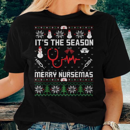 Ugly Christmas Sweater Nurse Nursing Student Merry Nursemas Women T shirt Monsterry