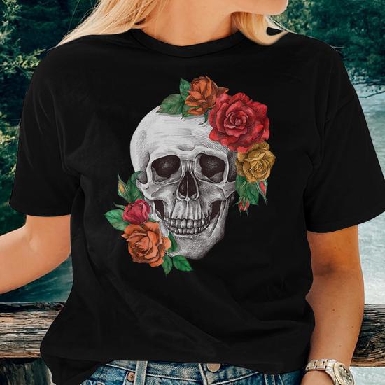 Funny Skull & Roses Graphic Tee For Women - Vintage Inspired Casual Short Sleeve Top - View #2
