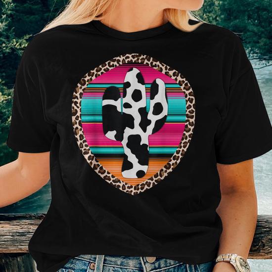 Western Leopard Serape Cow Print Cactus Cowgirl Women T-shirt