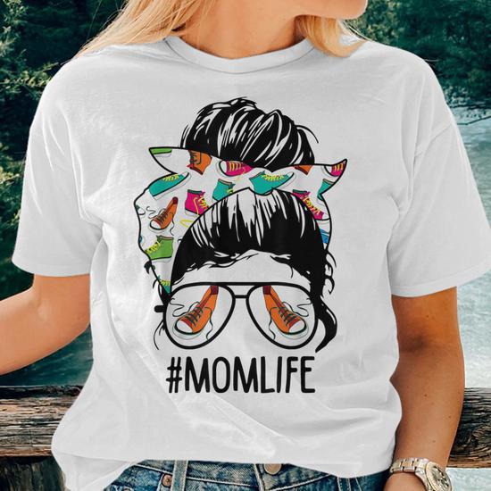 Messy Hair Woman Bun Mom Life Running Runners T-Shirt - Back View