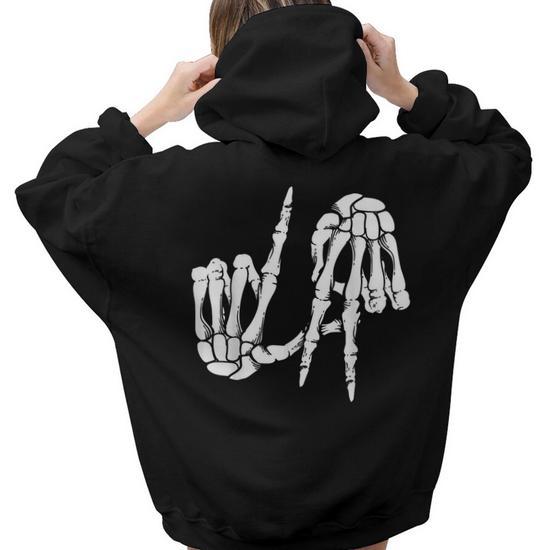 Cute Freaky Los Angeles Hand Sign Skeleton La Women Hoodie Back Print Mazezy