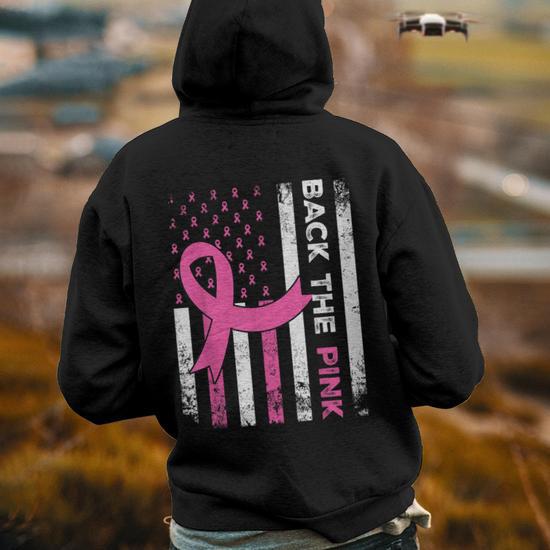 Back The Pink Ribbon American Flag Breast Cancer Awareness Hoodie Back Print Seseable UK