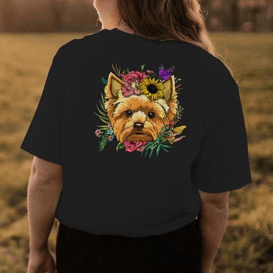 Floral Yorkshire Terrier Botanical Plant Flower Yorkie Lover Womens Back  Print T-shirt